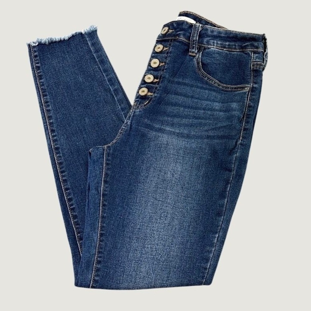 KanCan Womens High Rise Button Fly Skinny Jeans Blue Raw Hem KC11236M Size 9/29